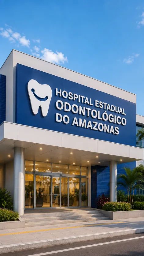 Ilustração da fachada do Hospital Estadual Odontológico do Amazonas, com letreiro azul e símbolo de dente